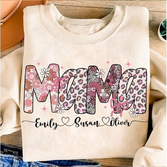 Coquette Mama Floral Sweatshirt, Retro Leopard Mama with Kids Crewneck, Boho Preppy Mama Sweatshirt Gift for Mom