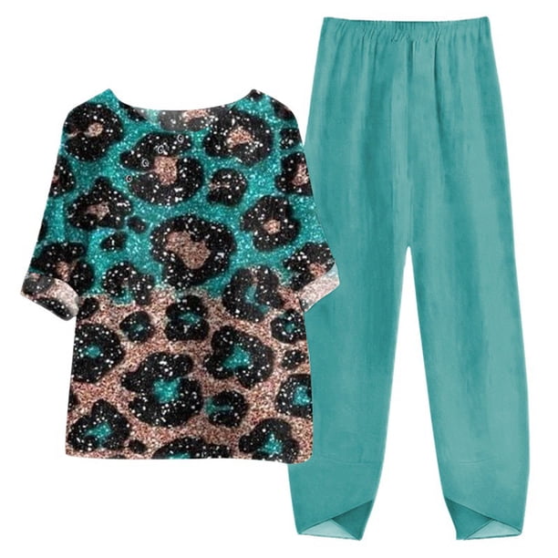 Puntoco Conjunto de traje de dos piezas con cuello redondo y manga corta estampado de verano para mujer Puntoco Puntoco-1011