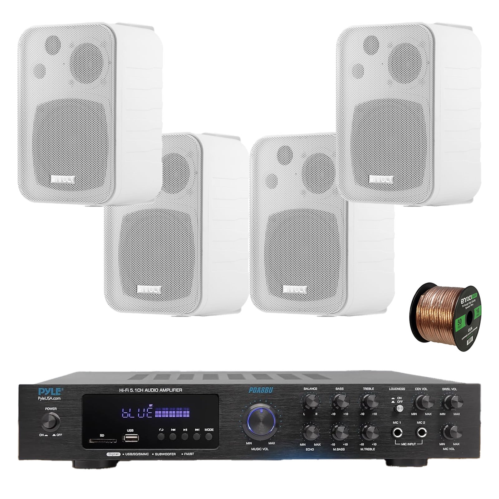 Pyle PDA8BU 5.1 Channel Home Audio Theater Bluetooth MP3/USB/SD/AUX/FM Radio Receiver, 4x 4" 30 Watt Peak 3-Way Water-Resistant Indoor/Outdoor Audio Speakers (White), 50 ft 16 Gauge Speaker Wire