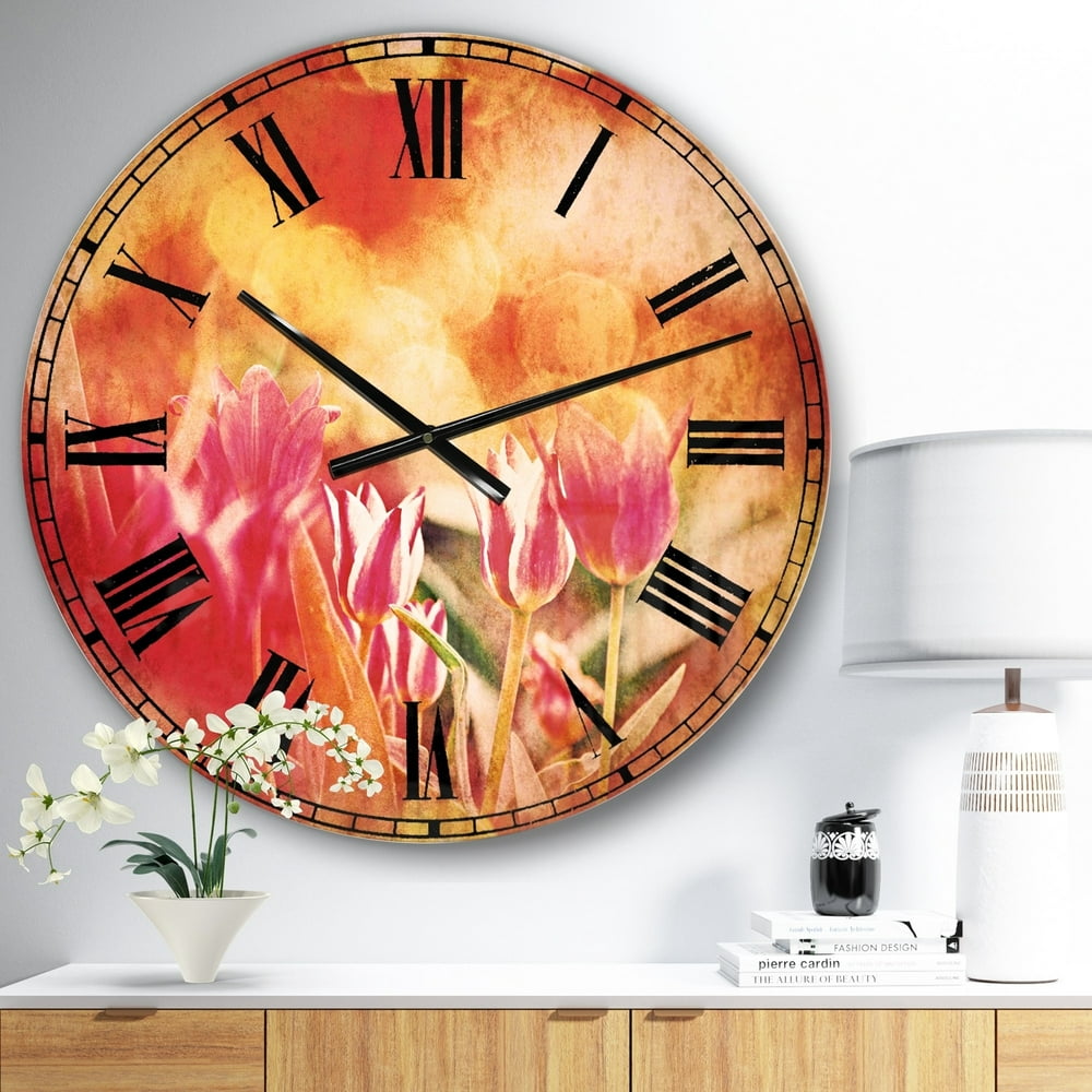 Designart 'Tulips on Abstract Red Background' Traditional wall clock ...