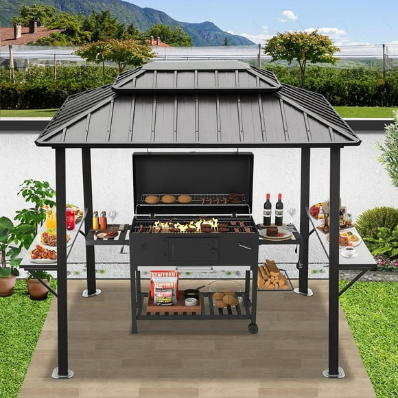 Domi Outdoor Living Gazebo de BBQ 8 X 6 Pi pour l'Extérieur, Cadre en Métal avec 2 Tablettes Latérales et Crochet de Plafond, Gazebo à Toit Rigide à Double Toit Permanent pour Patio, Cour Arrière et Jardin (Gris)
