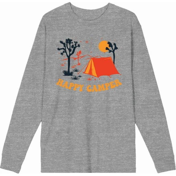Adventure Society Happy Camper Heather Gray Adult Crew Neck Long Sleeve Tee-Medium