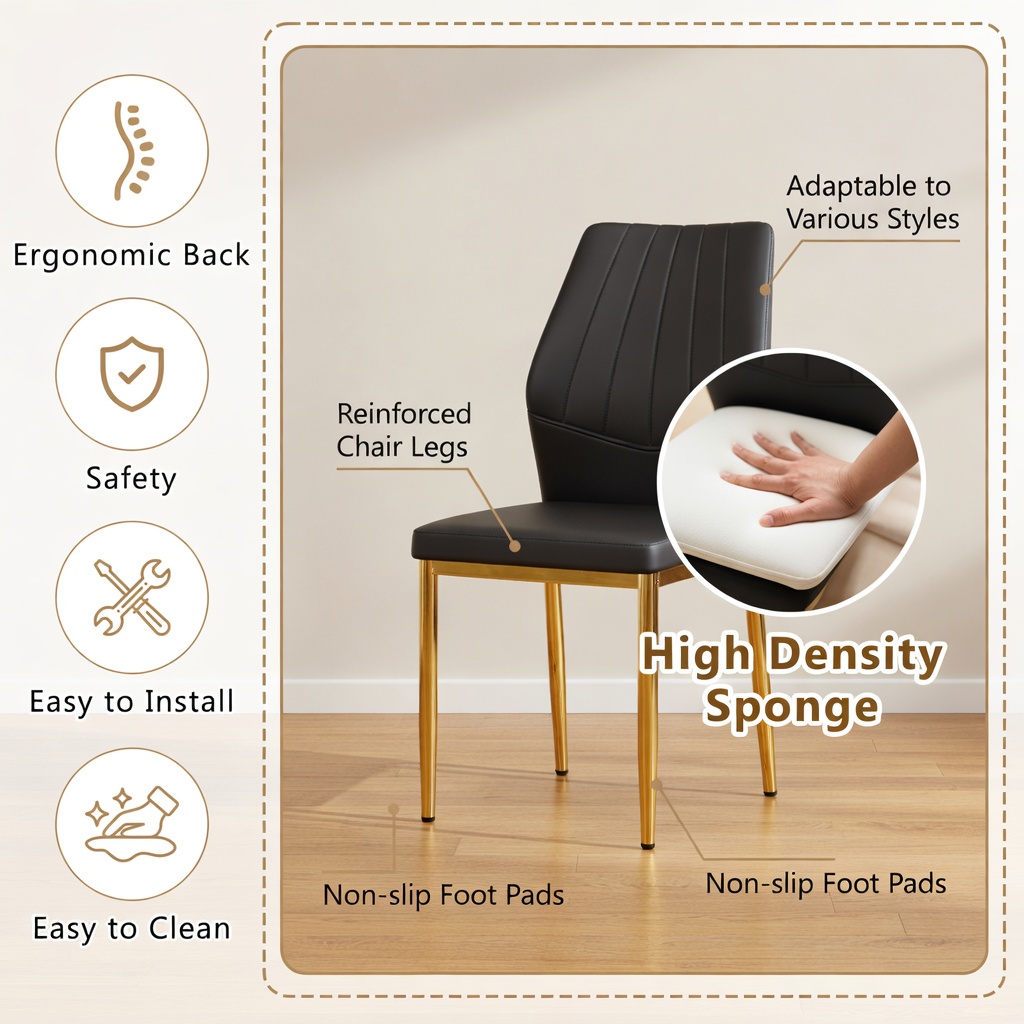 Hommoo 4-Pack Dining Chairs, Ergonomic PU Leather with Sturdy Metal Frame, 37" Height, Easy-Clean Modern Design for Home or Restaurant, Black & Gold