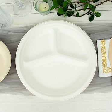 BalsaCircle 50 White 10 in Round 3 Compartment Sustainable Bagasse Disposable Dinner Plates Party Events