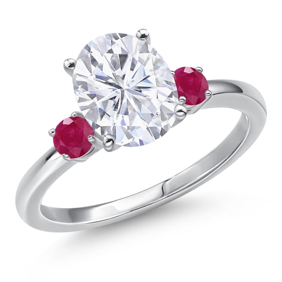 Gem Stone King 14K White Gold White Moissanite and Red Ruby Engagement Ring for Women | 3.31 Cttw | Oval 10X8MM | Gemstone Birthstone | Size 5