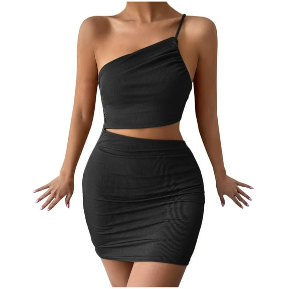 Bigersell Plus Size Dresses Women's Solid Color Fashion Design Bodycon Drawstring One-shoulder Short Dress Women Midi Dress Style 20447, Female Asymmetrical Dresses Black L