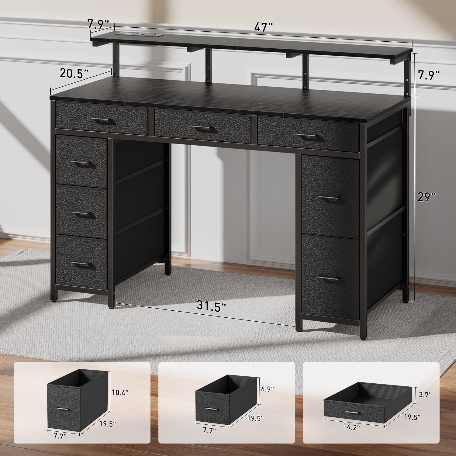 HLDIRECT 47 inch Computer Desk with 8 Drawers, Gaming Desk with LED Lights & USB Power Outlets, Home Office Table with Monitor Stand, Black