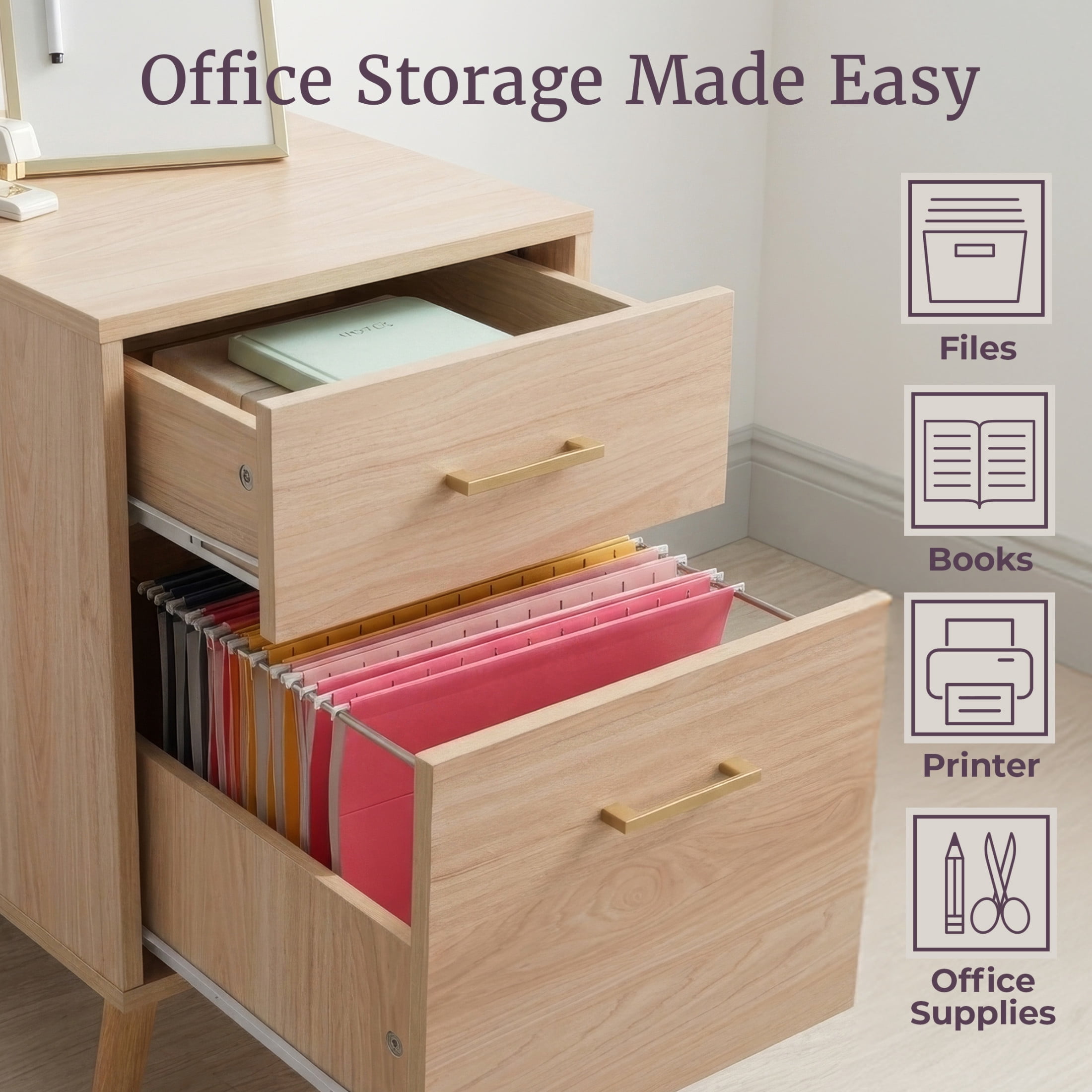 Lavish Home 2 Drawer File Cabinet with Adjustable Hanging Bars for Office Storage, Natural