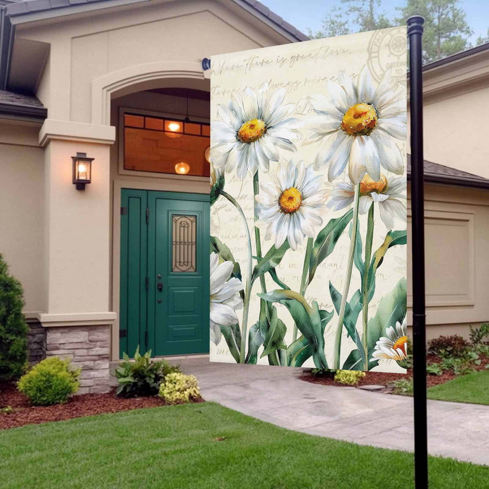 Garden Flag Double-Side Printed House Flag Daisy Floral Yard Flag Farmhouse Vintage Flower Welcome Banner Decor Outdoor Holiday Decorations 28*40in