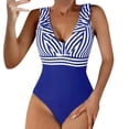 thumbnail image 1 of Gibobby Traje de baño de una pieza Trajes de baño con mangas a rayas para mujer, trajes de baño adelgazantes, traje de baño con cuello redondo, Monokini(Azul,M), 1 of 5