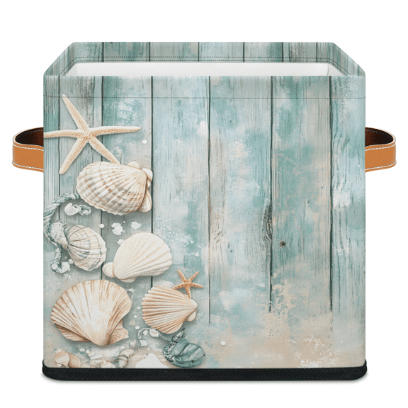 CURLYOOT Vintage Wood Ocean Nautical Starfish 11 x 11 Inch Cube Storage Bin, Fabric Storage Cube Foldable Basket with Leather Handles, Organizer Basket for Closet Shelves