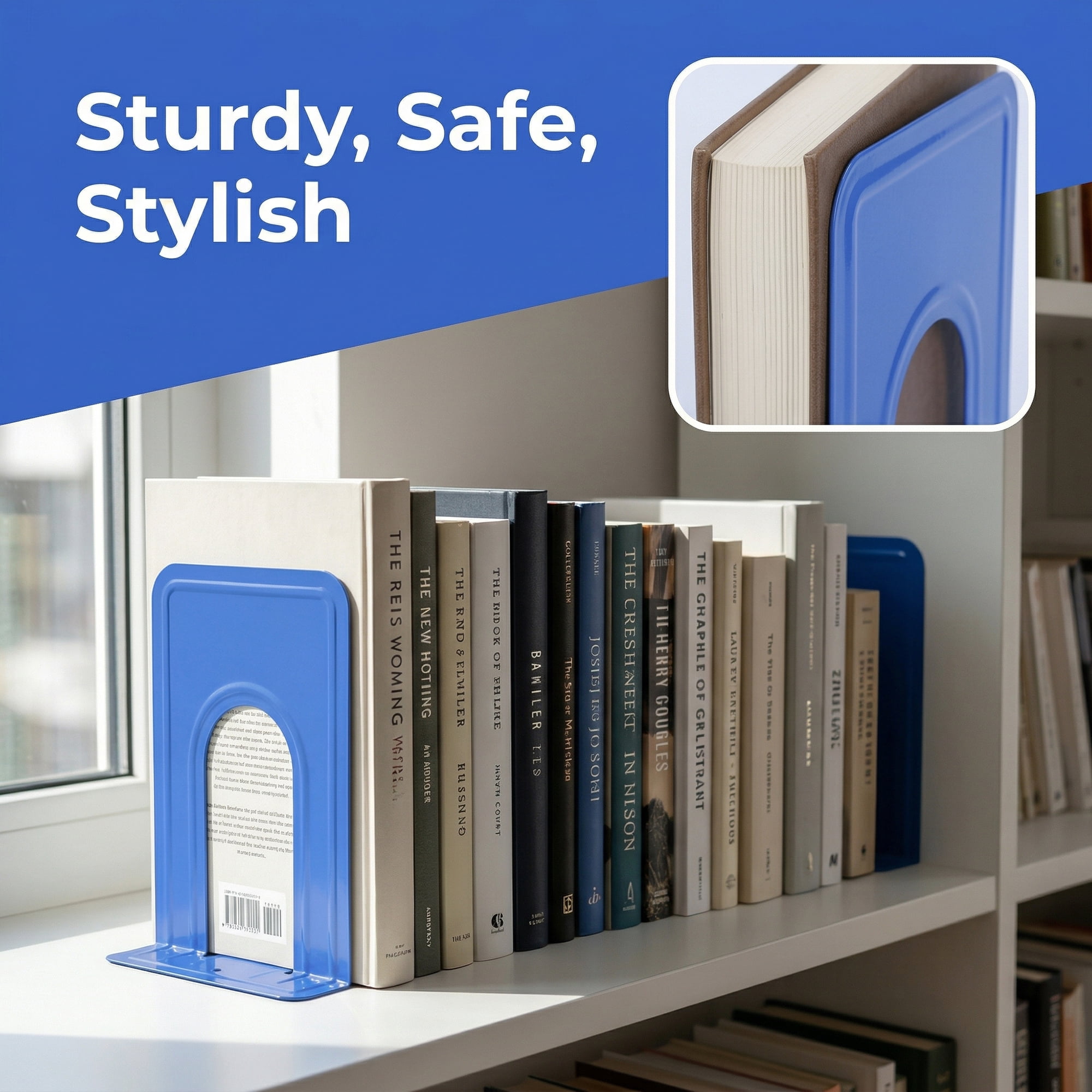 Unique Bargains Expandable Iron Bookends with Compartments Blue 5"L x 5.9"W x 7.5"H