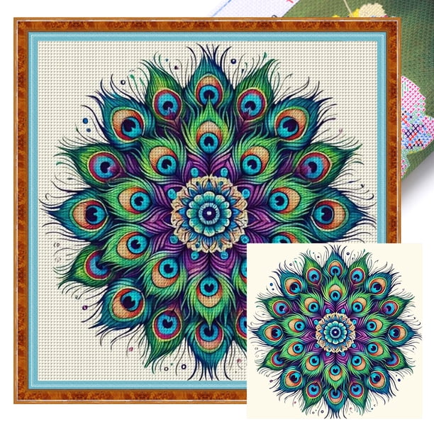 Kit Punto Cruz Pavo Real Impreso Hilo Algodón Ecológico Bordado 11CT 50x50cm