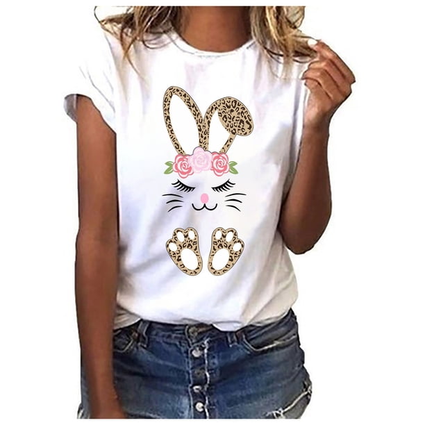 Puntoco moda mujer cuello redondo Pascua conejo estampado manga corta Casual top camiseta blusa Puntoco Puntoco-648