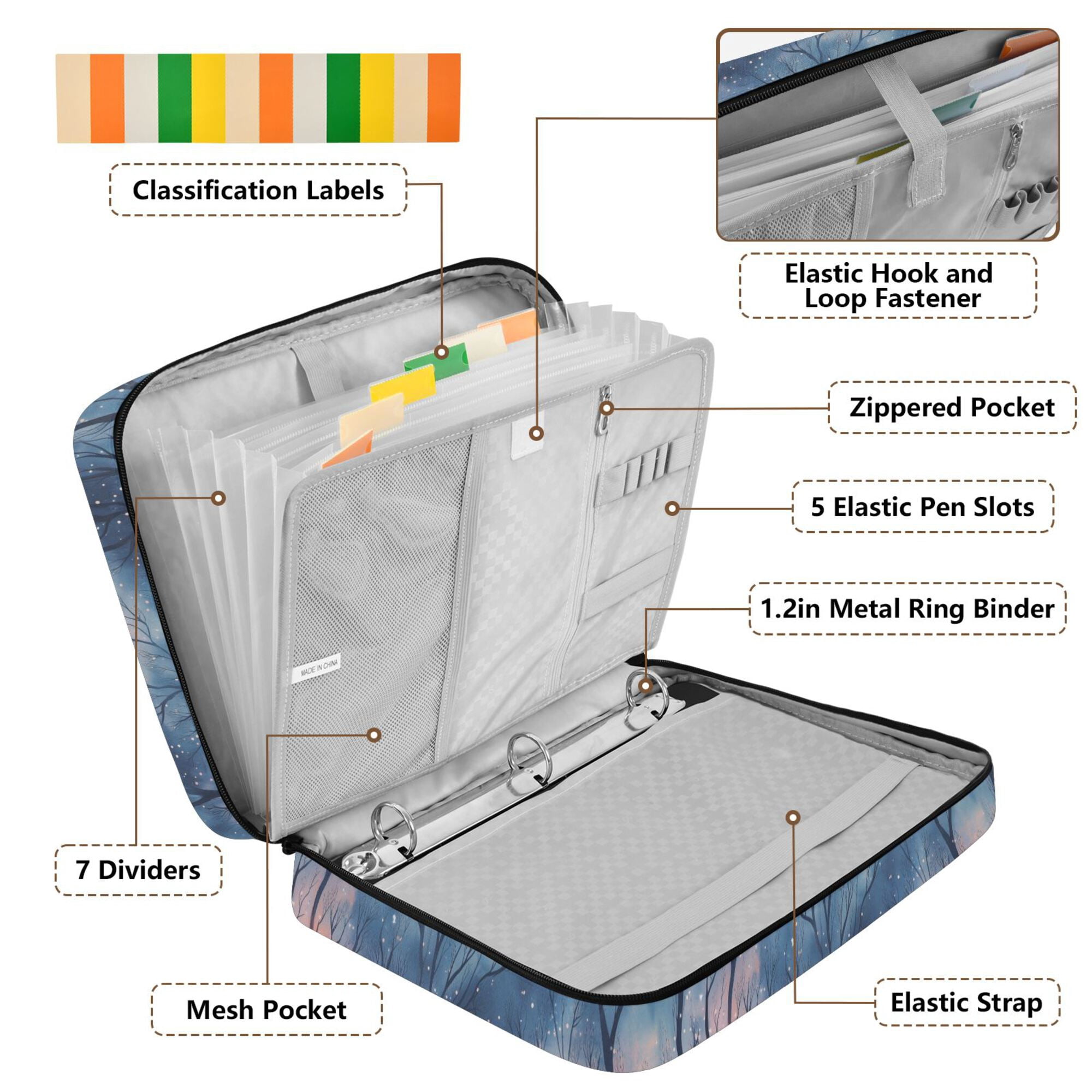 FORMRS Accordion File Folder A4 Size 7-Pocket Expanding Document Organizer Bag with 3 Ring Binder, Trees in The Night
