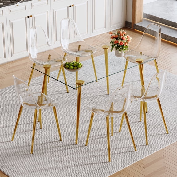 ExtraLco 7 Piece Glass Dining Table Set for 6, 51 Inch Tempered Glass Table with Gold Legs and Clear Plastic Chairs for Kitchen
