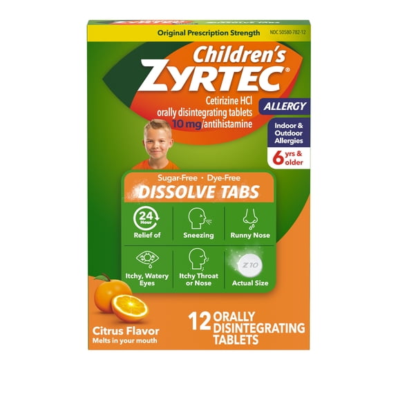 Children's Zyrtec 24 Hr Allergy Relief Dissolve Tablets, Citrus, 12 Count