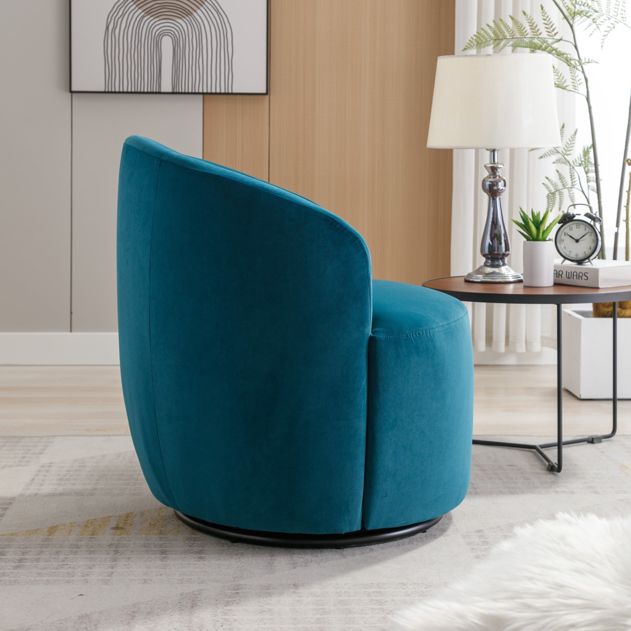 Noble House Arissa 26" Velvet Ergonomic Barrel Armchair, Swivel Reading Chair with Metal Base for Living Room, Teal