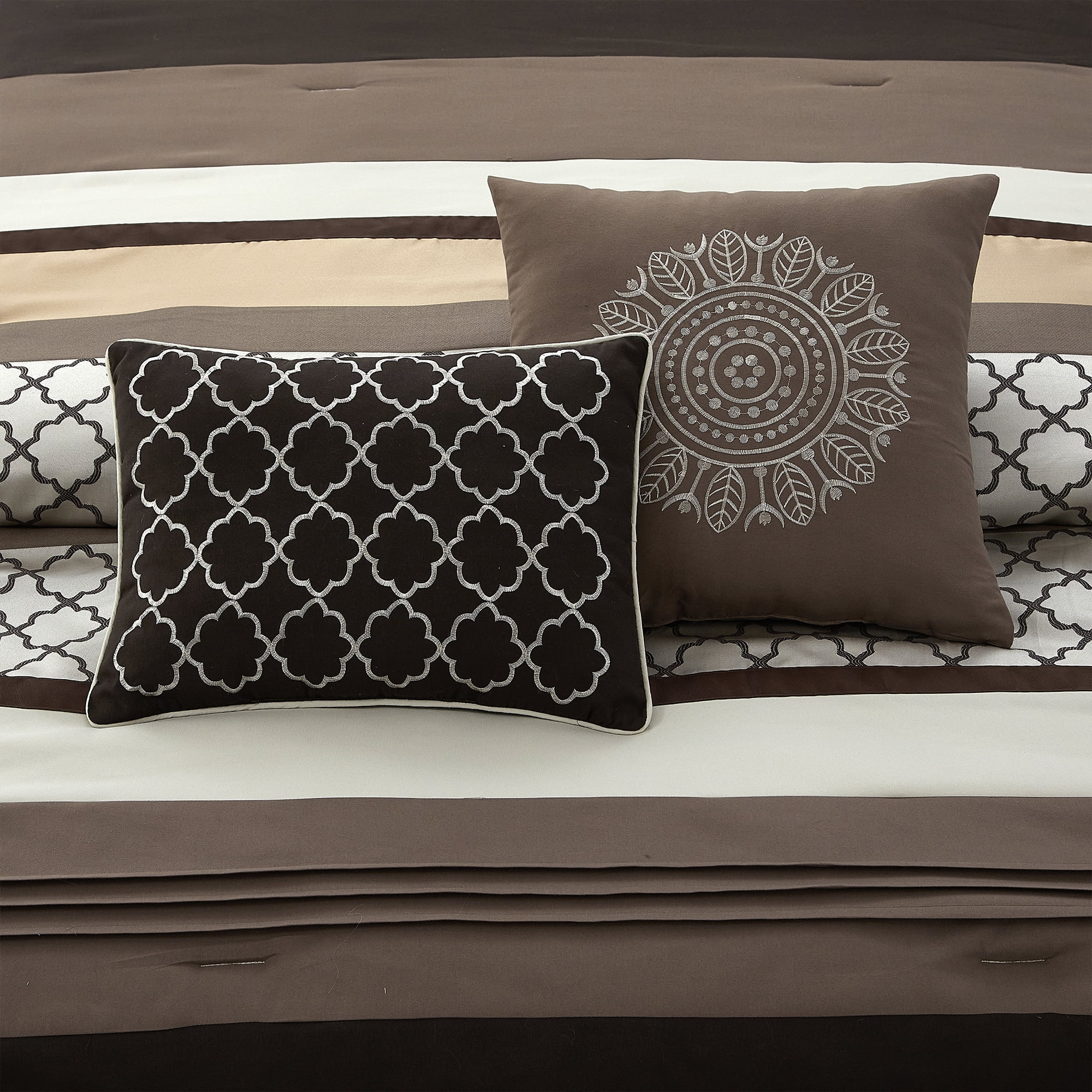 LANCO MODERN LIFESTYLE Queen Comforter Set, Brown Bedding Set, Jacquard Woven with Geometry, 8 Pieces Bed in a Bag, Bed Skirt, Shams and Decorative Pillows