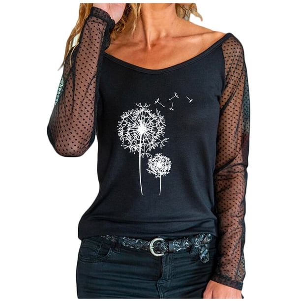 Camiseta de manga larga con cuello redondo y estampado de malla sólida para mujer Pompotops gfhjh16364