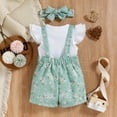 thumbnail image 6 of ZXLBBD Infant Girls Fly Sleeve Ribbed Tops T Shirt Floral Prints Suspenders Shorts Headbands Outfits Casual Relaxed Fit Outdoor Daily Wear Size 18 M-24 M, 6 of 7