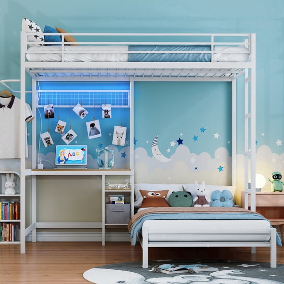 Twin Over Twin Size Bunk Bed Frame with Desk Station L-Shaped and Storage Shelf, LED light Metal Loft Beds Frame with Clothesline for Bedroom, Apartment, Mattress Not Included, White