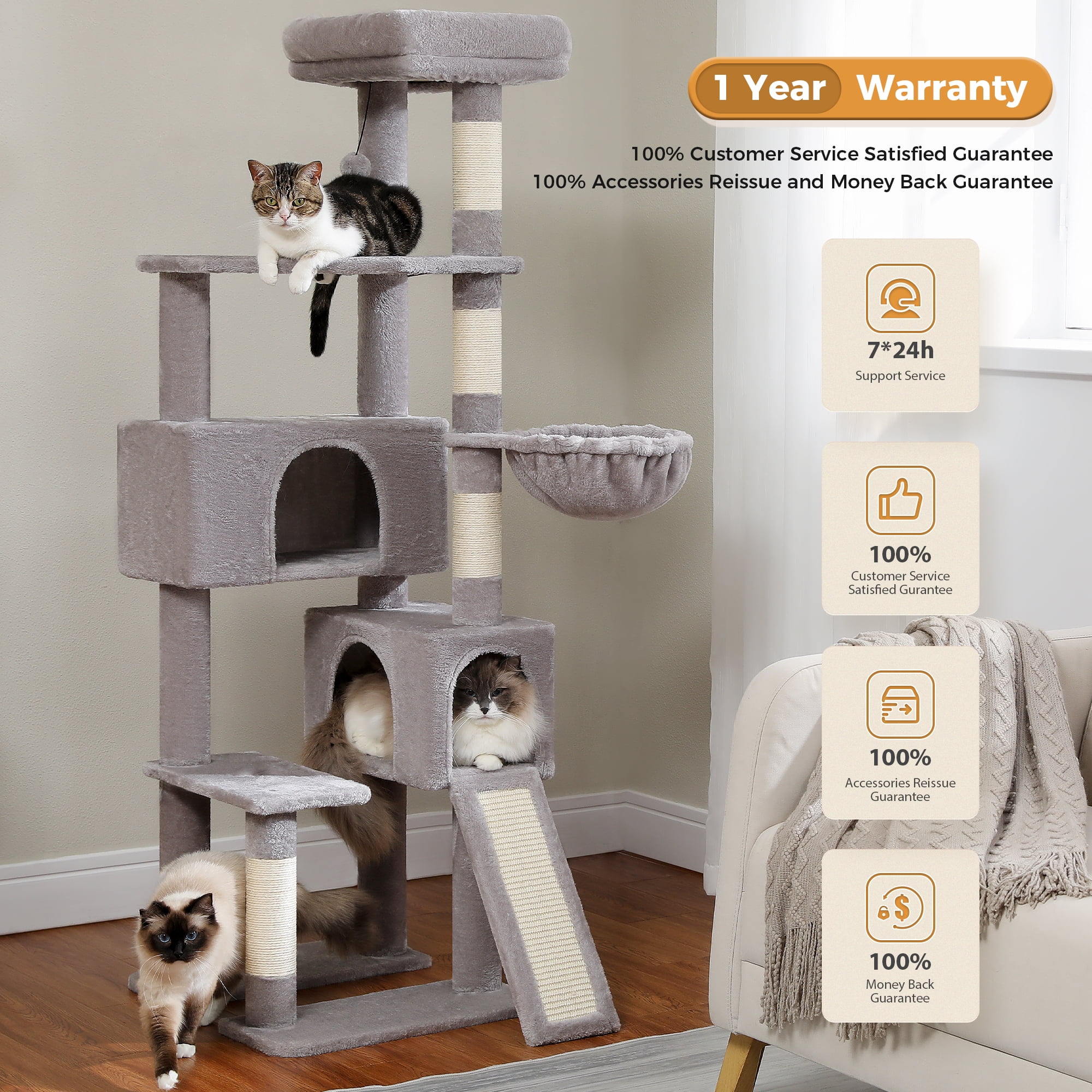 PEQULTI 61" Modern Cat Tree Large Cat Tower with Ladder and Dual Condos Indoor Light Gray