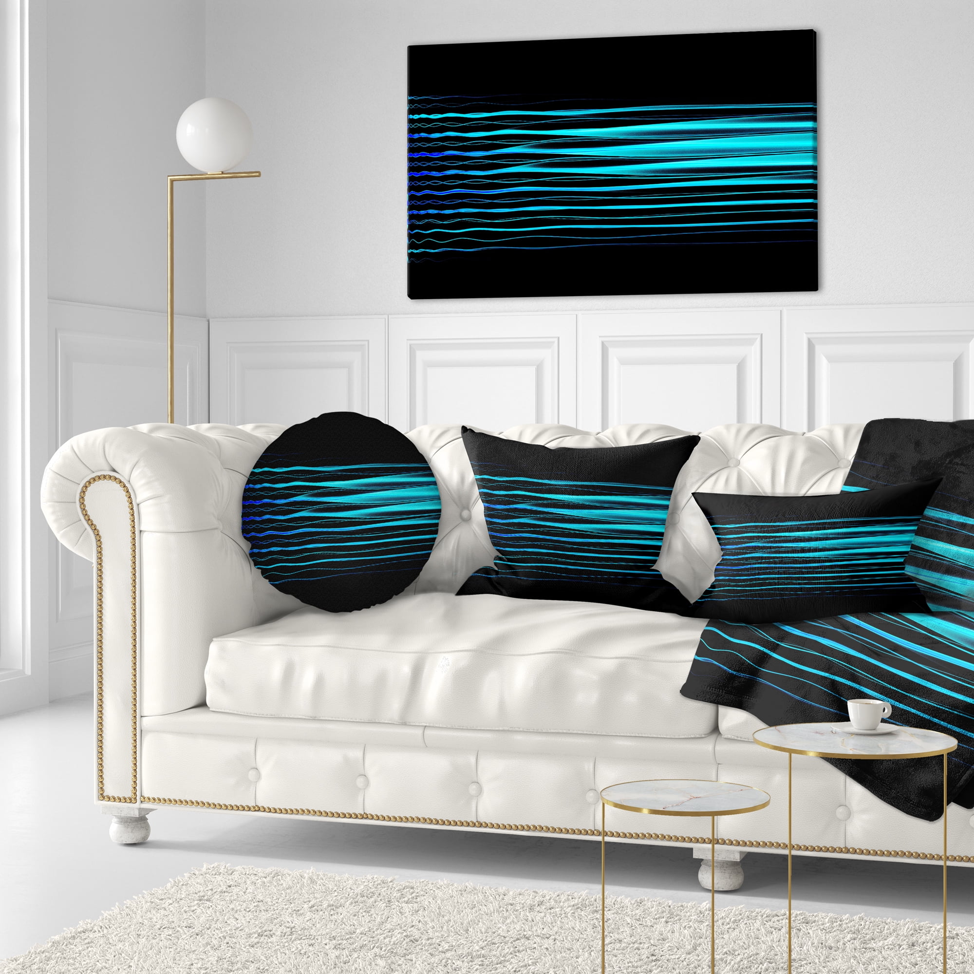 Designart Blue Fractal Flames on Black - Abstract Throw Pillow - 12x20