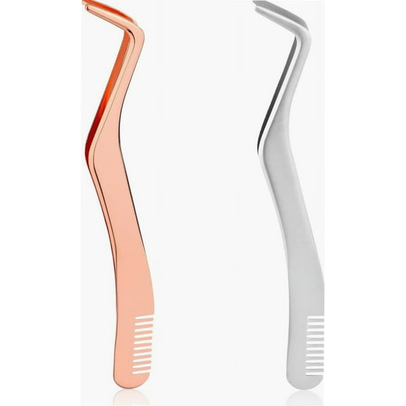2 Pcs Eyelash Tweezers Set, Stainless Steel Eyelash Extension Tweezers with Comb False Cluster Lash Applicator Tool for Girls Women Beginners Makeup Artists (Silver, Rose Gold)