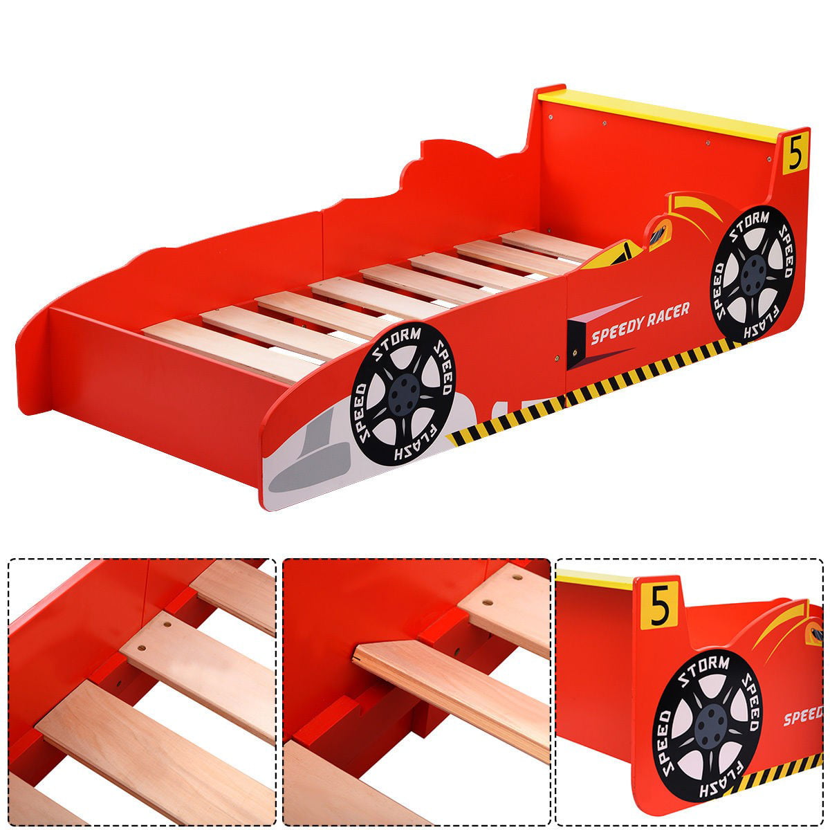 Kids Wooden Toddler Bed Twin Size Race Car For Boy Bedroom Furniture Safety Rail 