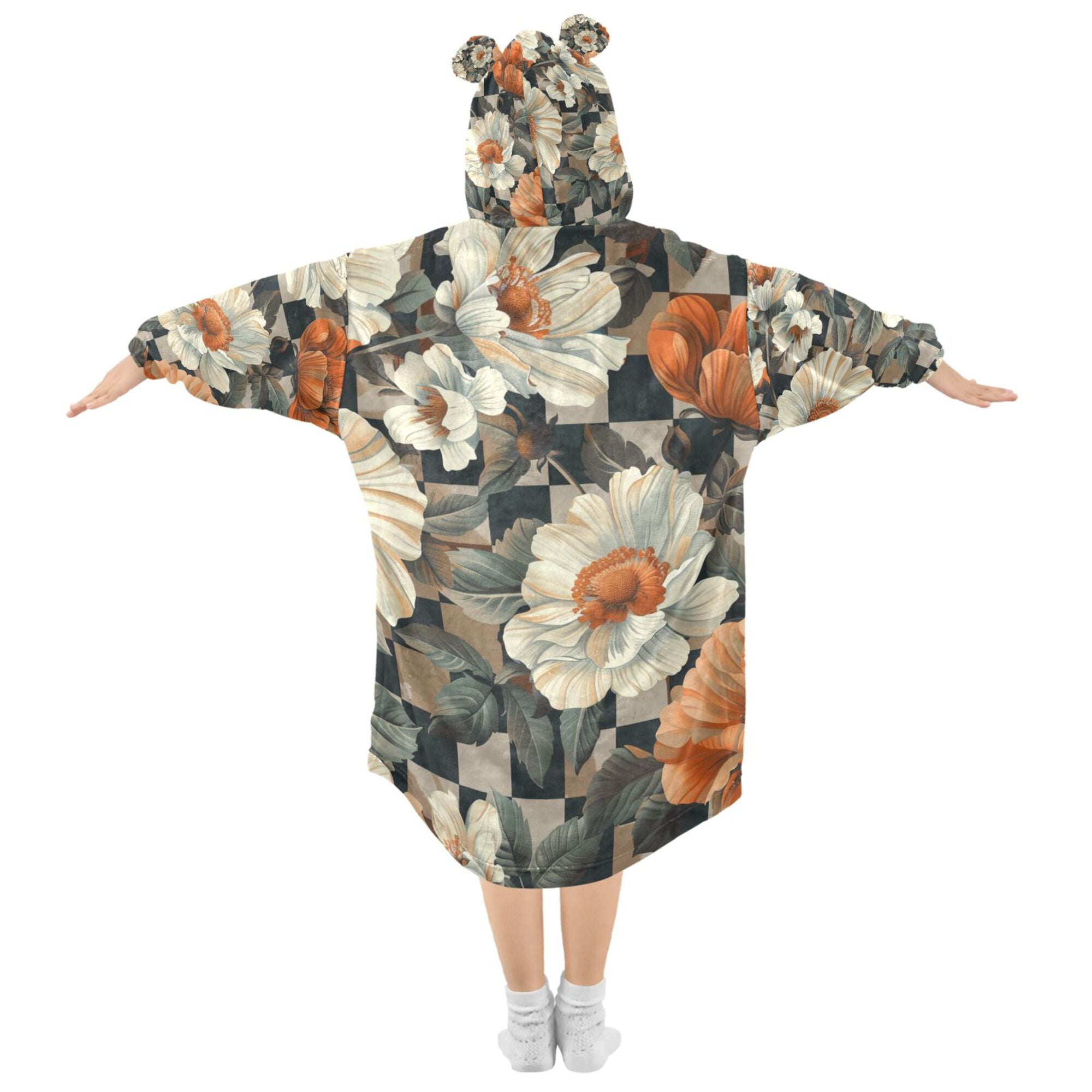 FORMRS Wearable Blanket Hoodie with Sleeves for Kids Cozy Flannel Sweatshirt, Gray Floral Pattern
