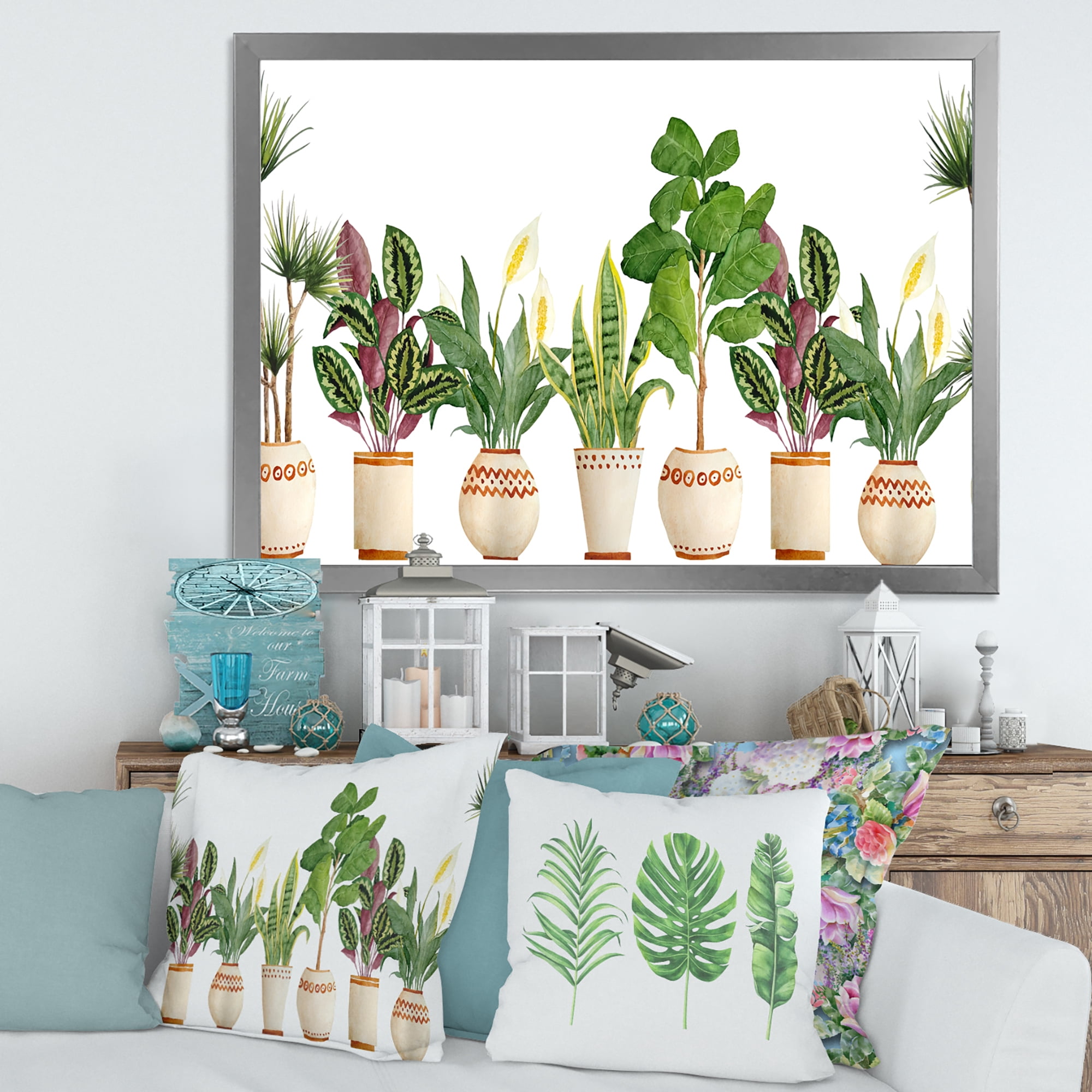 Designart 'Trio of Houseplants Sanseviera Snake Plants On White' Farmhouse Framed Art Print