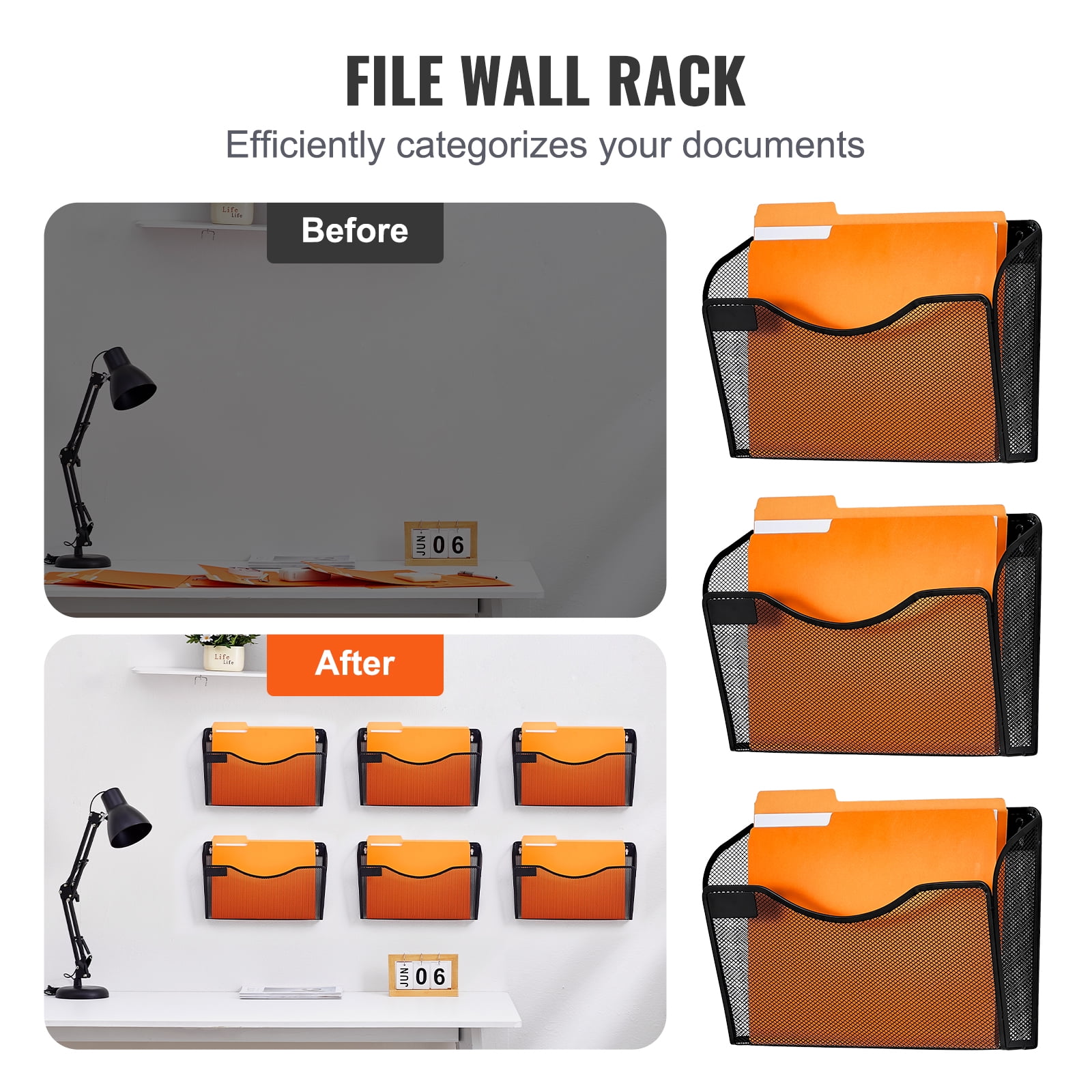 VEVOR File Wall Rack, Six-Piece 1 Pocket Mesh Wall File Holder, Wall Mounted Magazine Mail Paper & Document Storage Folder, Metal Wall File Organizer with Nametag Label, for Office Home & School