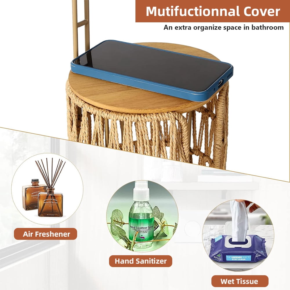 MIDODO Freestanding Toilet Paper Holder with Storage, 3 Rolls of Tissue Holder for Bathroom, Rattan Boho Handmade Woven Toilet Paper Roll Holder Stand