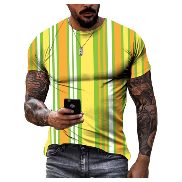 Mode Été Simple T-Shirt Rayé Imprimé 3d pour Hommes Décontracté Sport Premium Séchage Rapide Manches Courtes Col Rond Cool Ample