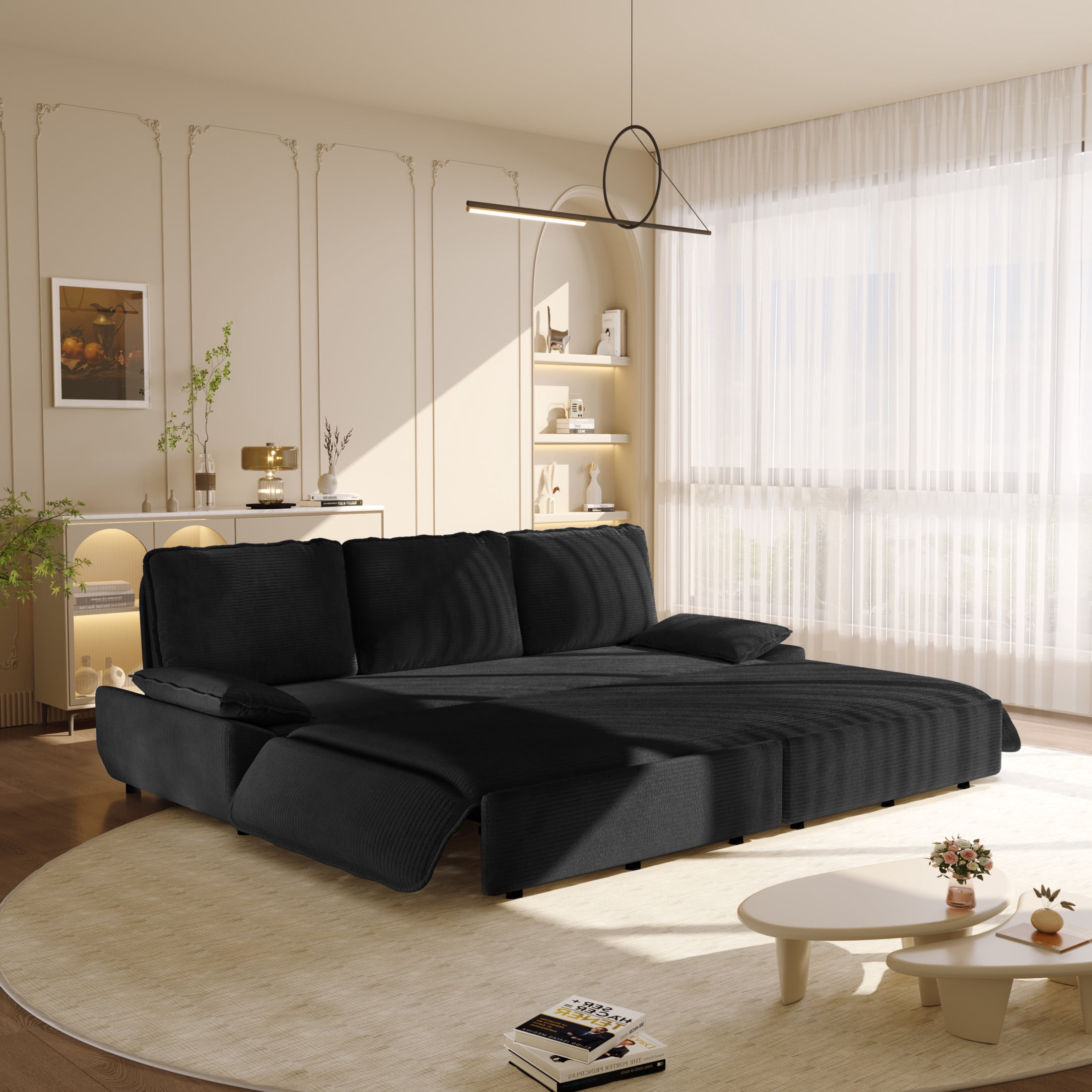 Noble House Genrix Corduroy Convertible Sleeper Sofa Bed, Multifunctional 3-in-1 Pull Out King Couch, Black