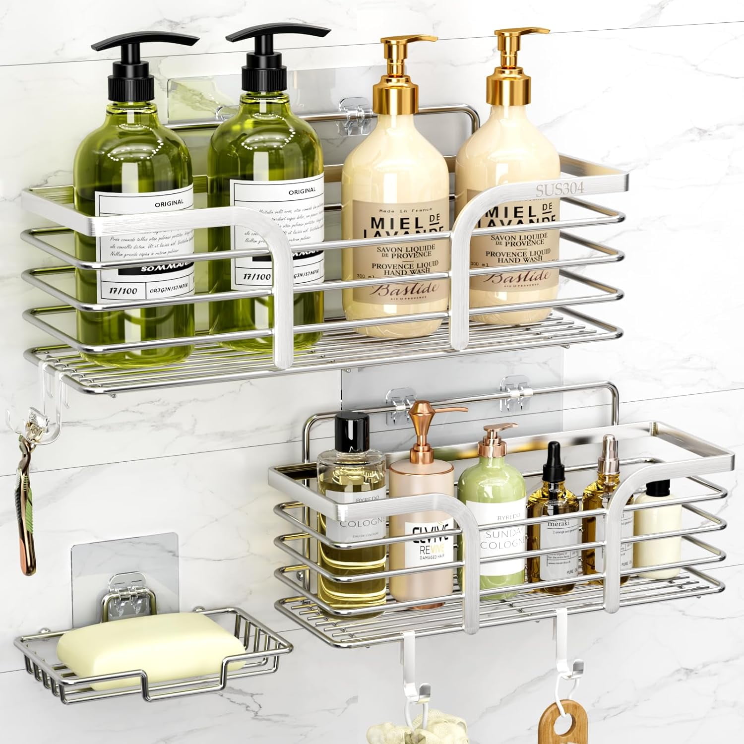 Shower Caddy Shower Organizer with Soap Holder and Hooks Rustproof Shower Shelves No Drilling Bathroom Organizers and Storage Wall-Mounted Kitchen & Home Decor (Silver)