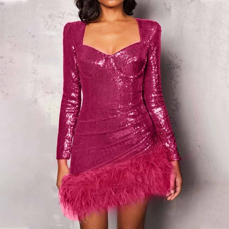 HOT PINK SEQUIN DRESS WITH FEATHER SLEEVES