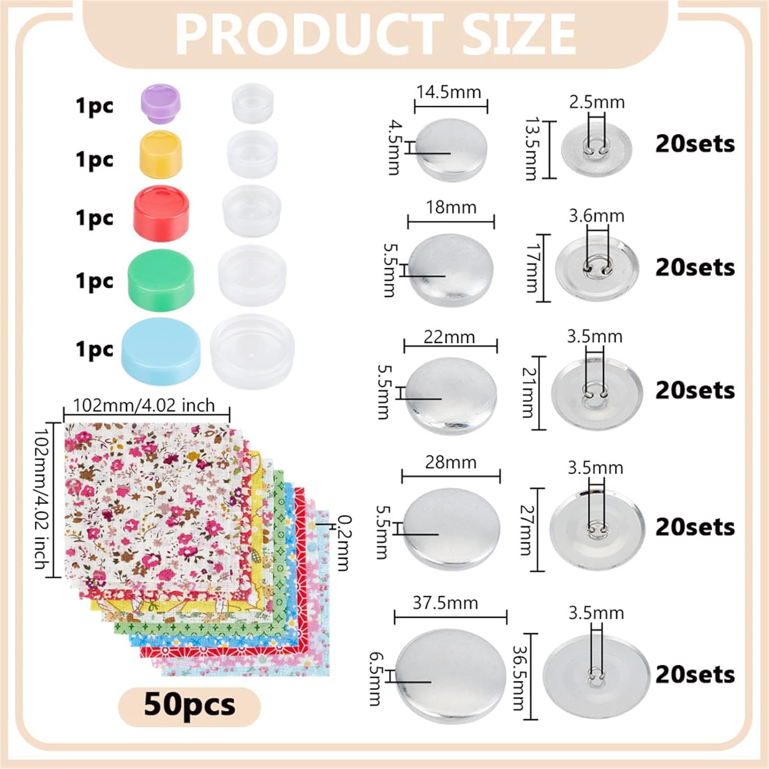 5 sets 5 styles Aluminum Blank Buttons with Plastic Tools for Craft Button Maker Flat Round with Back Cover with 50pcs Cotton Fabric Mixed color 14.5~37.5x4.5~6.5mm