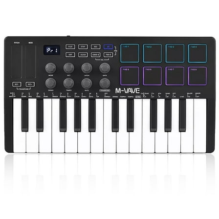 Midi Keyboard Controller 25 Key Portable Mini Bluetooth & USB Midi Piano with 8 Backlit Drum Pad, 8 Knobs and Music Production Software for Computer Recording, Music Production