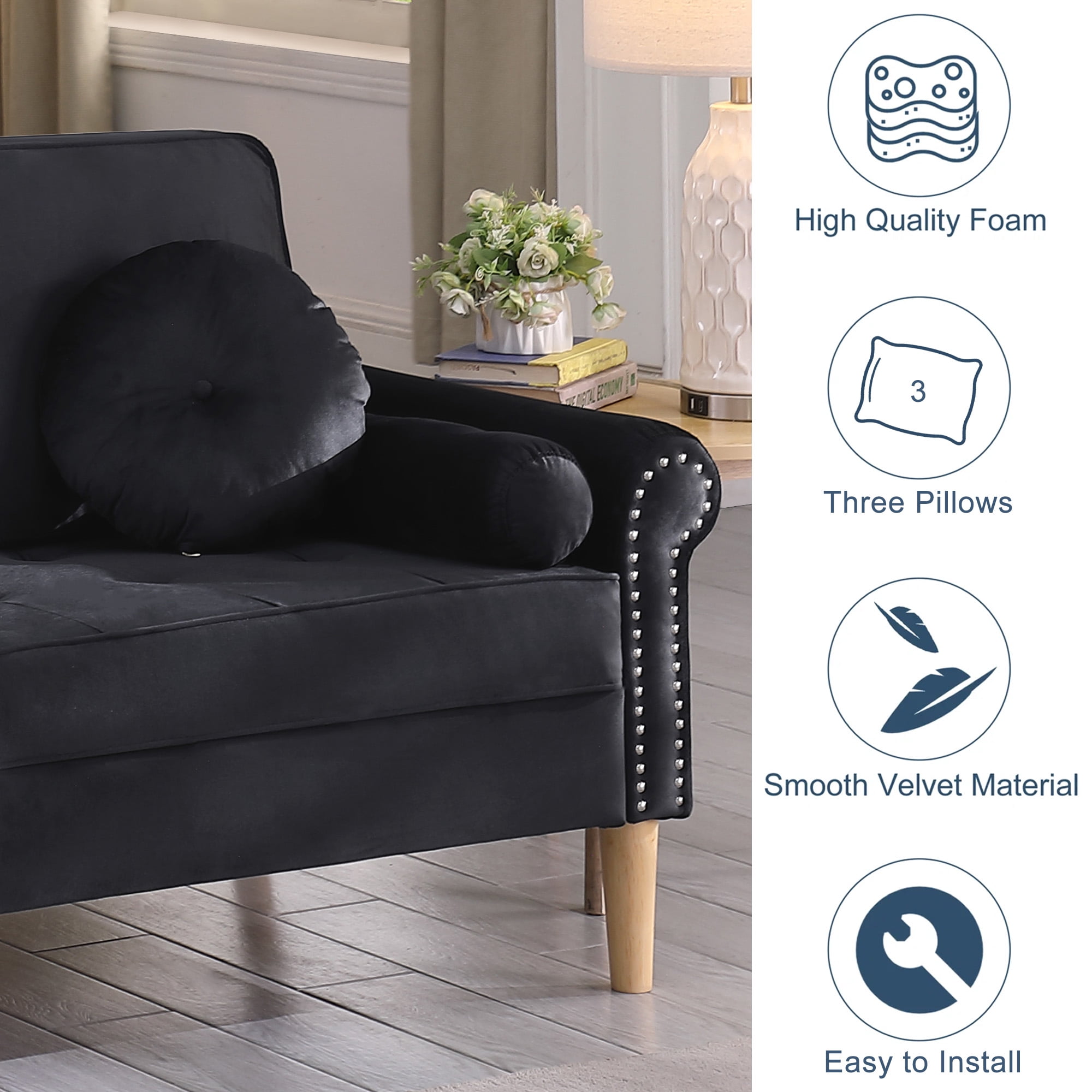 Aukfa 77.2" Sofa Couch, 3-Seater Sofa with Copper Nail and 3 Pillows, Velvet Loveseat for Living Room - Black
