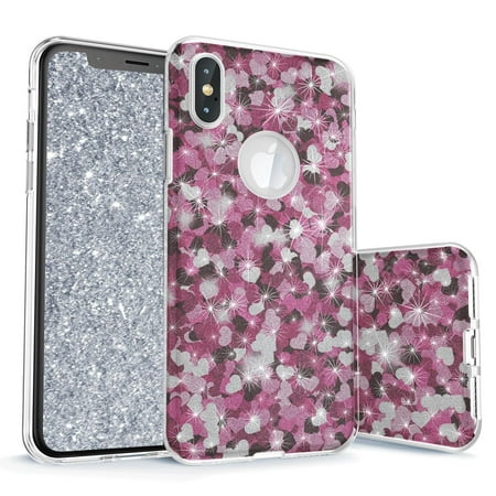 Sparkly Heart (iPhone X Glitter Case, True Color Sparkase Sparkly Purple Hearts Camo Print Three-Layer Hybrid Girly Case with Shockproof TPU Outer Cover on)