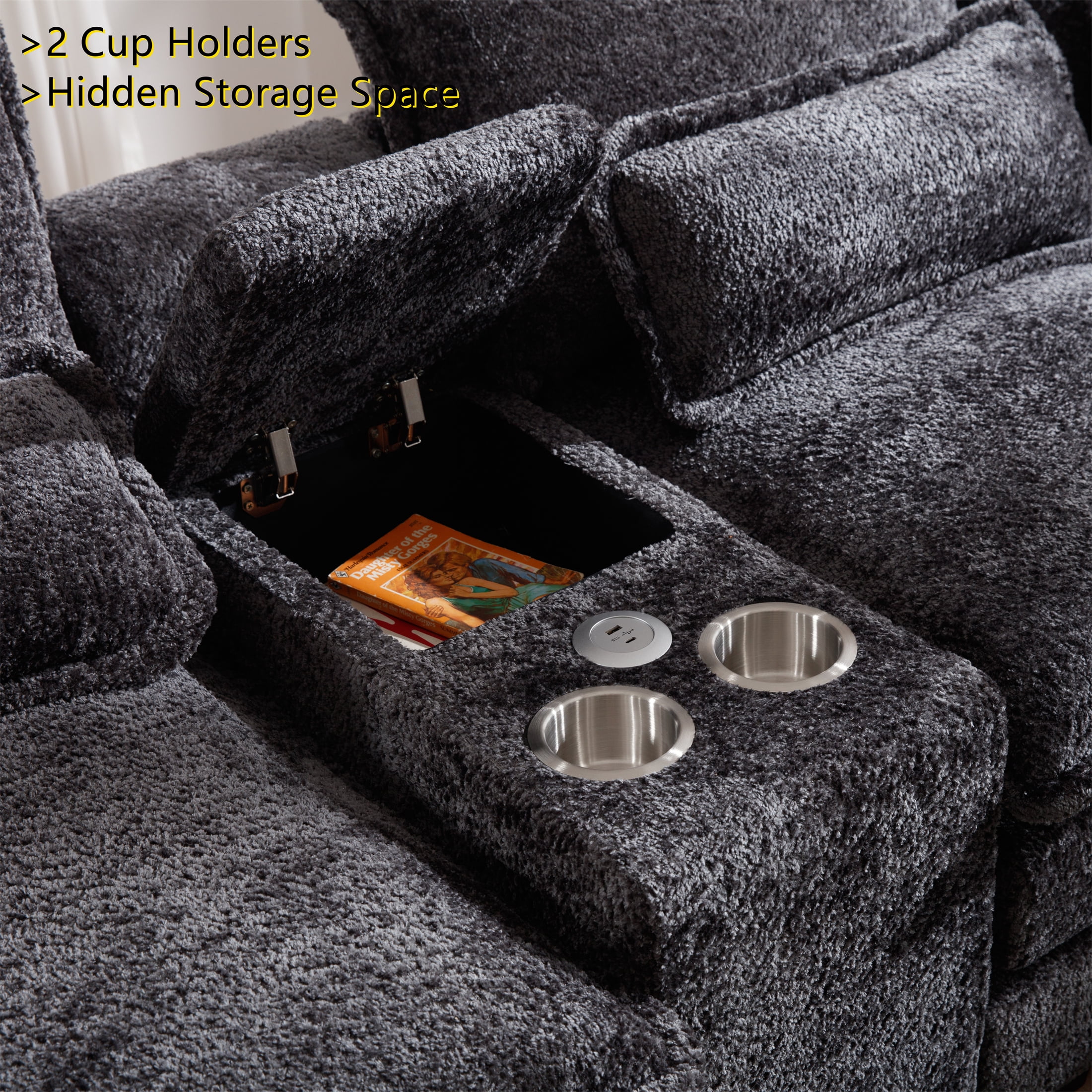 Aukfa 123" Oversized Sectional Sofa U-shaped Couch w/ Cupholder Console & USB Port for Living Room, Chenille, Gray