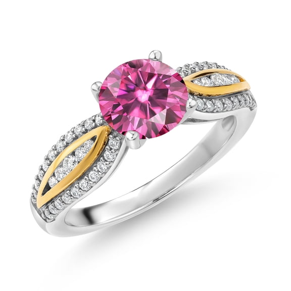 Gem Stone King 925 Silver and 10K Yellow Gold Pink Moissanite and White Lab Grown Diamond Engagement Ring for Women | 1.45 Cttw | Round 7MM | Gemstone Birthstone | Size 5