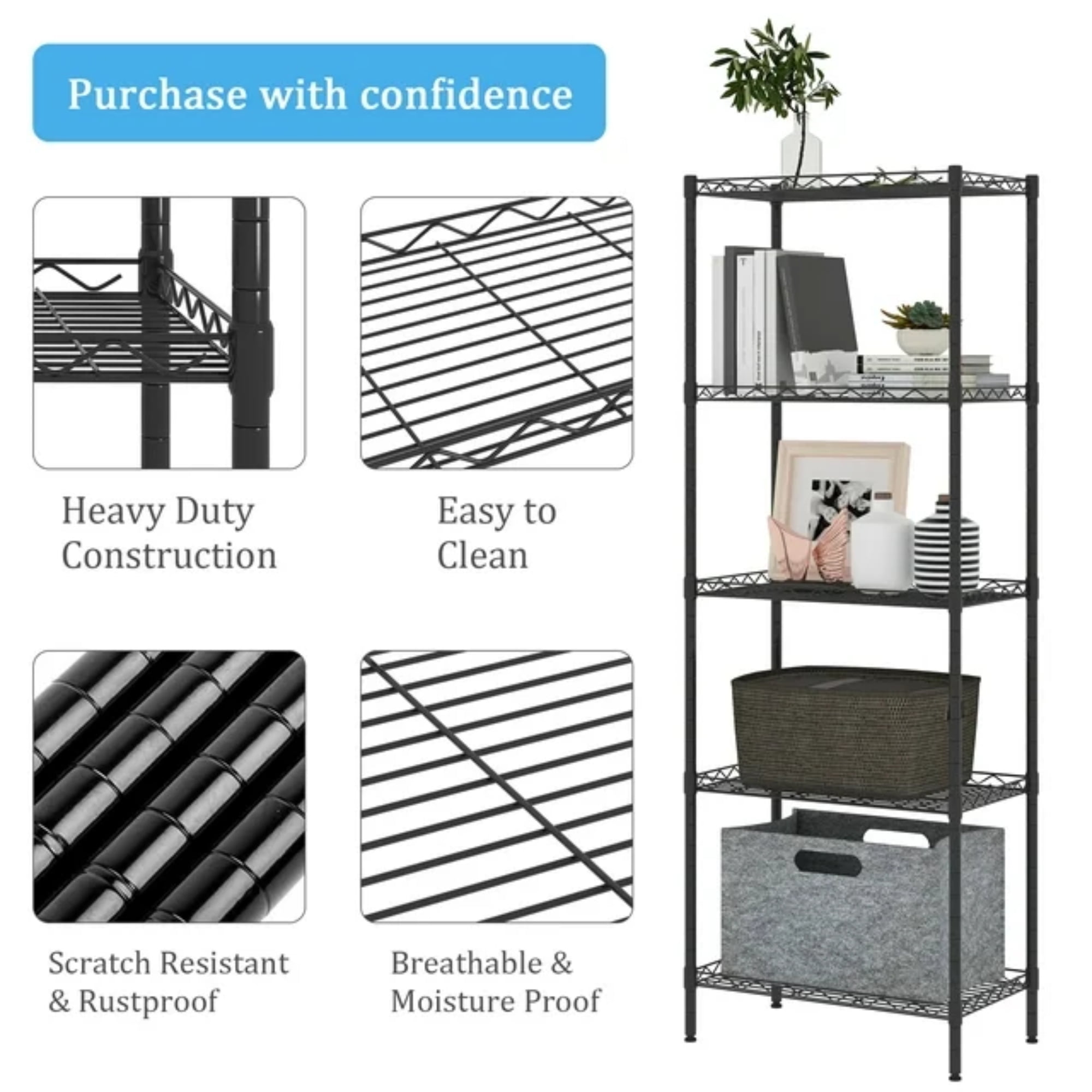 Lowestbest 5 Tier Wire Shelving, Metal Storage Shelves, Heavy Duty Adjustable Shelf Standing Kitchen Rack, Black (21.25 x 11.42 x 59.06) Lowestbest 5 Tier Wire Shelving, Metal Storage Shelves, Heavy Duty Adjustable Shelf Standing Kitchen Rack, Black (21.25 x 11.42 x 59.06)