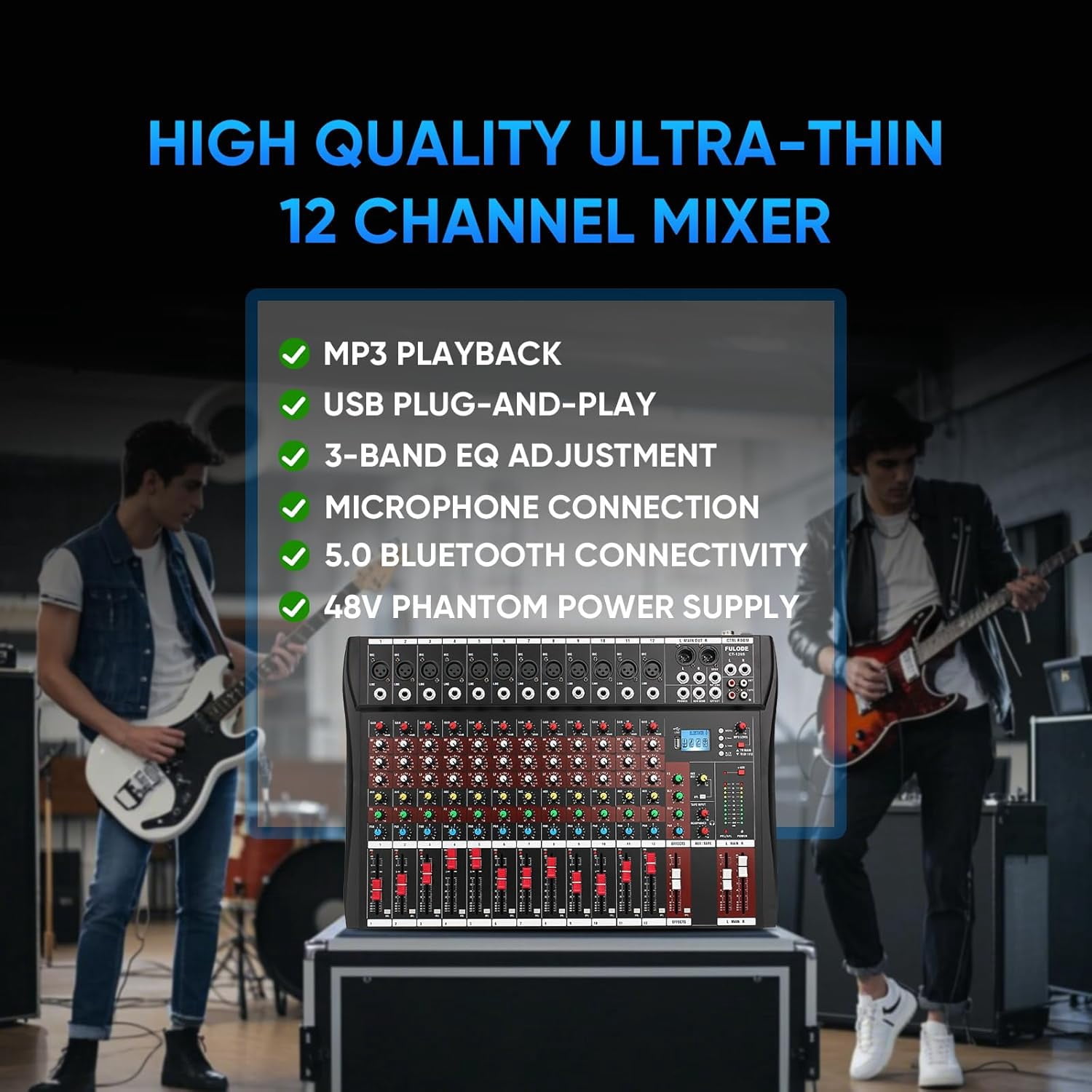 12 Channel Mixer Audio Console, Professional Music Mixer DJ Mixing Board with Reverb Bluetooth MP3 Player 48V Phantom Power Supply USB Recording for Studio Karaoke Live Performance
