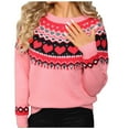 thumbnail image 2 of Qulqfy Crew Neck Womans Sweaters Long Sleeve Pink Pullover Going Out Hearts Fair Isle Shirts Womens Fall Sweater L, 2 of 9