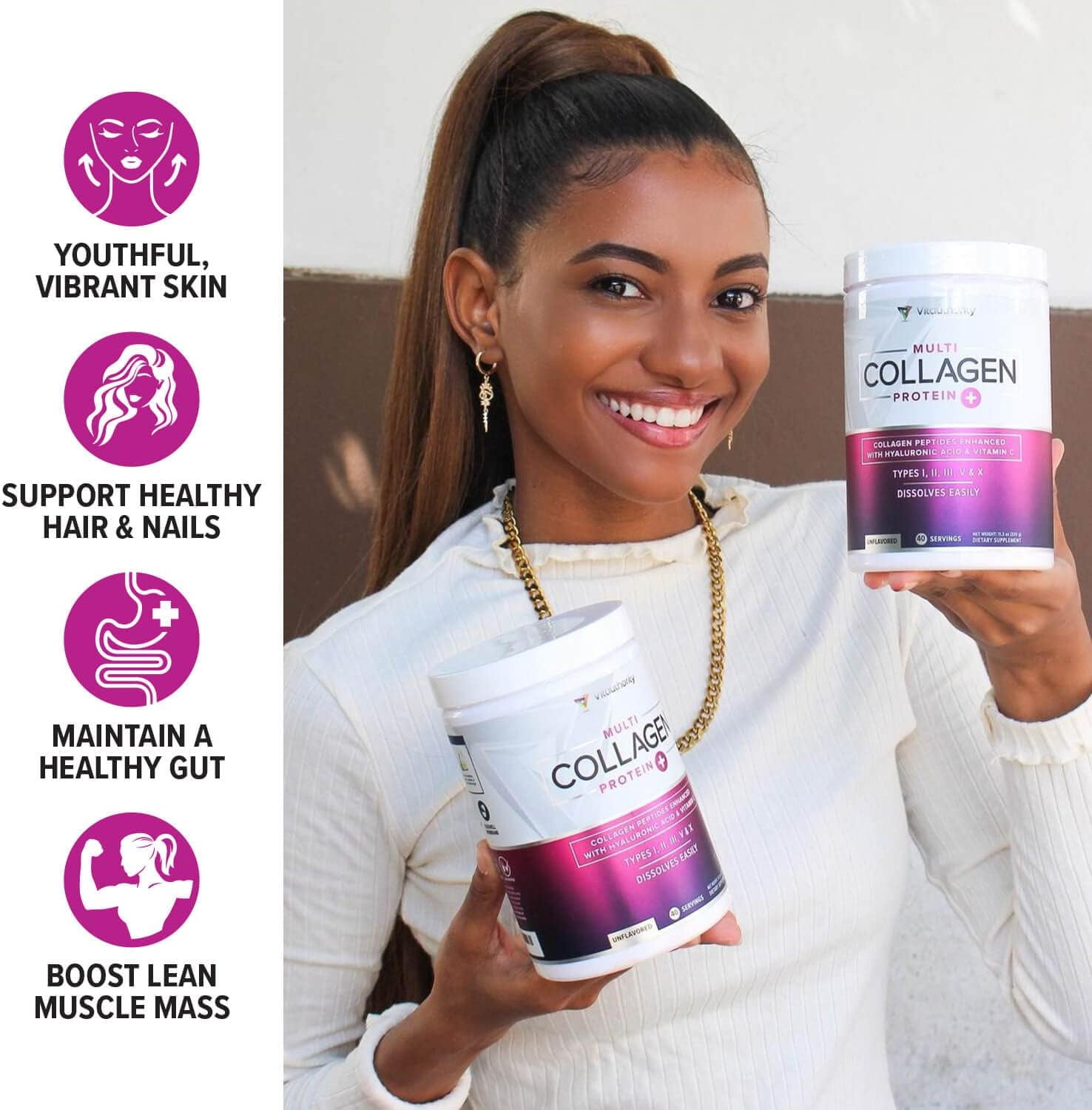 Vitauthority Multi Collagen Peptides Hydrolyzed Protein Powder with Hyaluronic Acid & Vitamin C, Strawberry, 9.7 oz