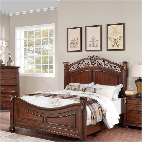 JERFIT California King Bed Frame with Headboard, Traditional Dark Cherry Upholstered Faux Leather Platform Bed, No Box Spring Needed