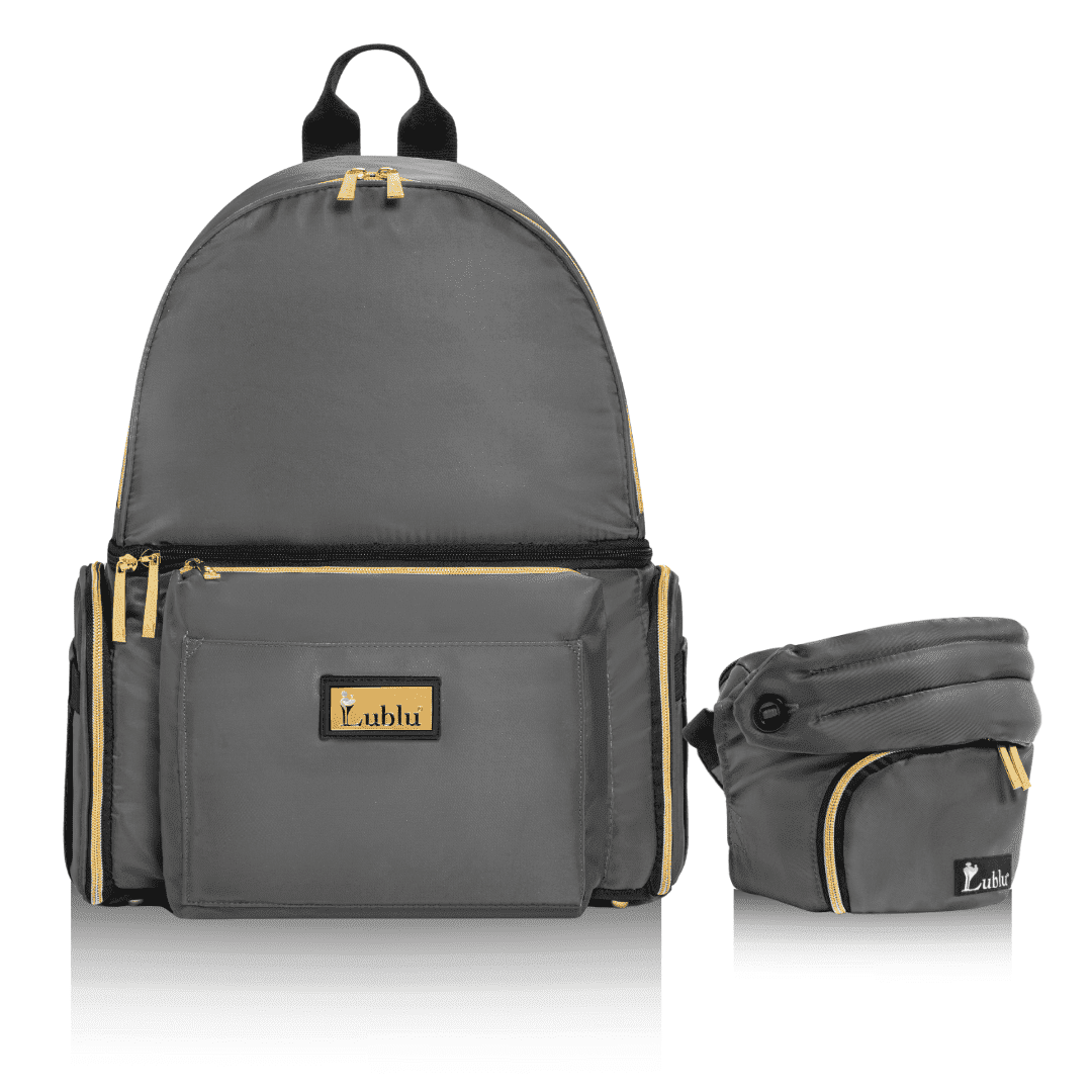 Lublu Diaper Bag Backpack with Baby Carrier, Hip Seat, Changing Pad, Insulated Pockets, Black or Grey (Grey)